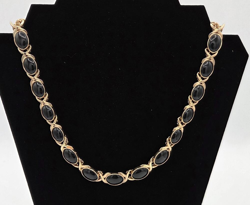 Gold Tone XO Hugs & Kisses Black Cabochon Collar Necklace